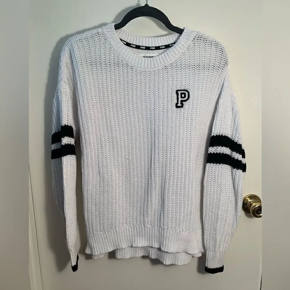 PINK white/black varsity style striped sleeve knit sweater Size Small